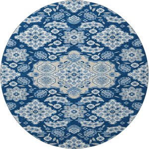HomeRoots 8' Navy Blue and Ivory Floral Medallion Washable Round Rug - Stylish, Durable, UV Resistant, Easy Care! 705854