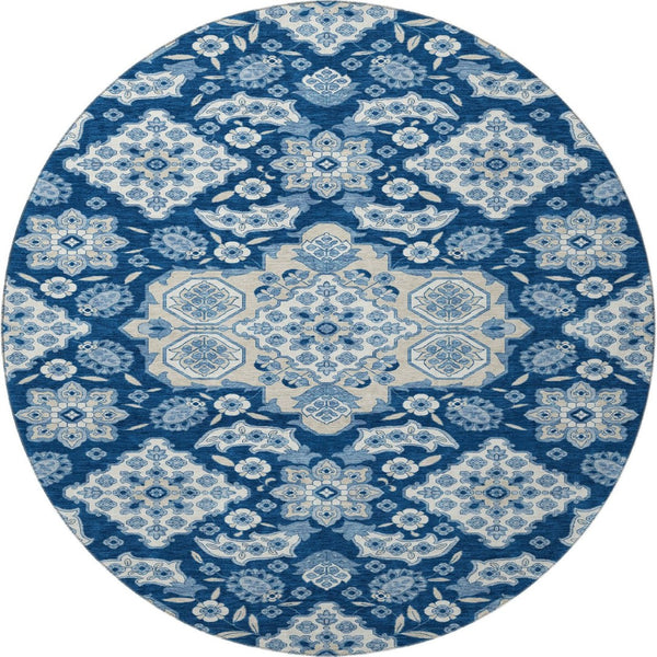HomeRoots 8' Navy Blue and Ivory Floral Medallion Washable Round Rug - Stylish, Durable, UV Resistant, Easy Care! 705854