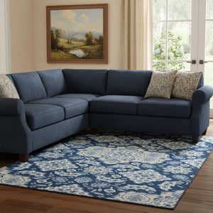 HomeRoots 8' X 10' Navy Blue and Ivory Floral Medallion Rug – Washable, UV Protected, Durable for Homes with Kids & Pets 705855