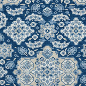 HomeRoots 8' X 10' Navy Blue and Ivory Floral Medallion Rug – Washable, UV Protected, Durable for Homes with Kids & Pets 705855