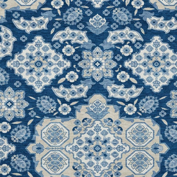 HomeRoots 8' X 10' Navy Blue and Ivory Floral Medallion Rug – Washable, UV Protected, Durable for Homes with Kids & Pets 705855