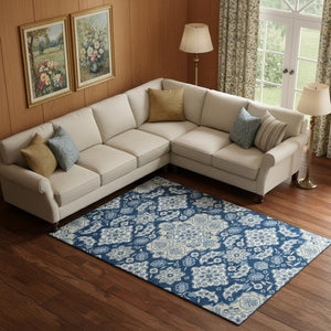 HomeRoots 9' X 12' Navy Blue & Ivory Floral Medallion Area Rug - Washable, UV-Protected & Stain-Resistant Design 705856