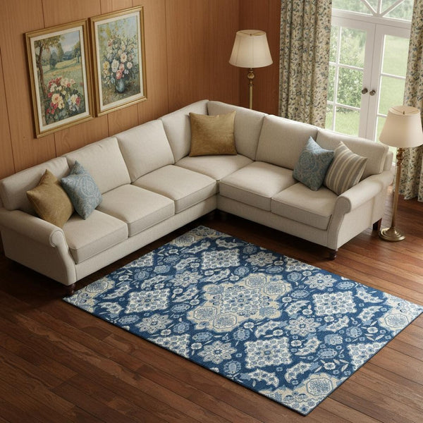HomeRoots 9' X 12' Navy Blue & Ivory Floral Medallion Area Rug - Washable, UV-Protected & Stain-Resistant Design 705856