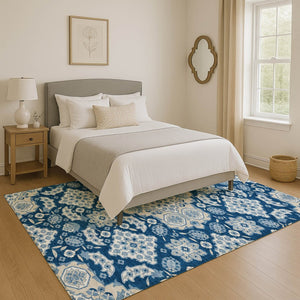 HomeRoots 9' X 12' Navy Blue & Ivory Floral Medallion Area Rug - Washable, UV-Protected & Stain-Resistant Design 705856
