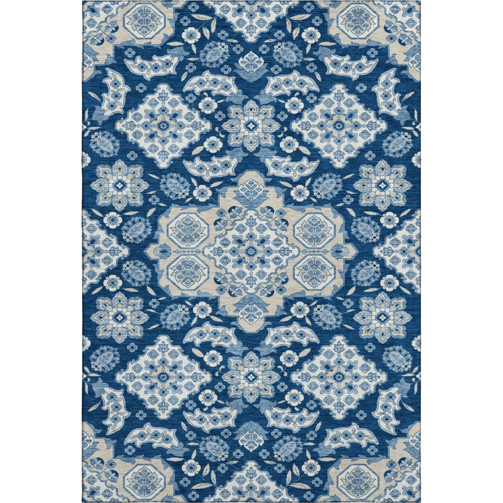 HomeRoots 9' X 12' Navy Blue & Ivory Floral Medallion Area Rug - Washable, UV-Protected & Stain-Resistant Design 705856