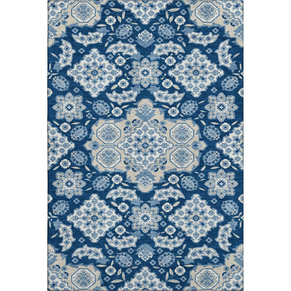 HomeRoots 9' X 12' Navy Blue & Ivory Floral Medallion Area Rug - Washable, UV-Protected & Stain-Resistant Design 705856