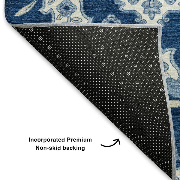 HomeRoots 9' X 12' Navy Blue & Ivory Floral Medallion Area Rug - Washable, UV-Protected & Stain-Resistant Design 705856