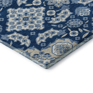HomeRoots 9' X 12' Navy Blue & Ivory Floral Medallion Area Rug - Washable, UV-Protected & Stain-Resistant Design 705856