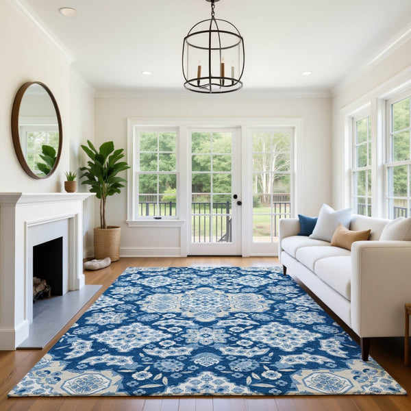 HomeRoots 9' X 12' Navy Blue & Ivory Floral Medallion Area Rug - Washable, UV-Protected & Stain-Resistant Design 705856