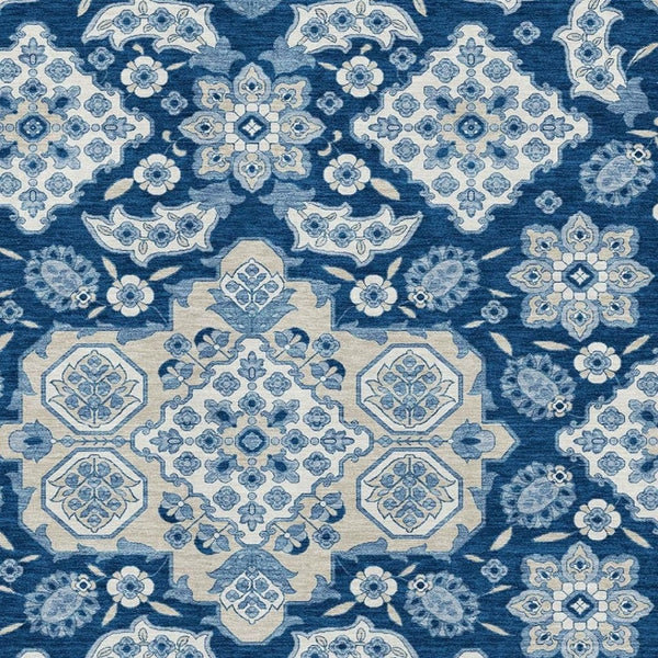HomeRoots 9' X 12' Navy Blue & Ivory Floral Medallion Area Rug - Washable, UV-Protected & Stain-Resistant Design 705856