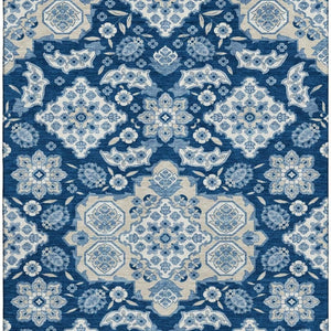 HomeRoots 9' X 12' Navy Blue & Ivory Floral Medallion Area Rug - Washable, UV-Protected & Stain-Resistant Design 705856