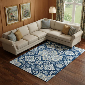 HomeRoots 10' X 14' Navy Blue Floral Medallion Area Rug - Washable, Stain Resistant, UV Protected, Non-Slip 705857