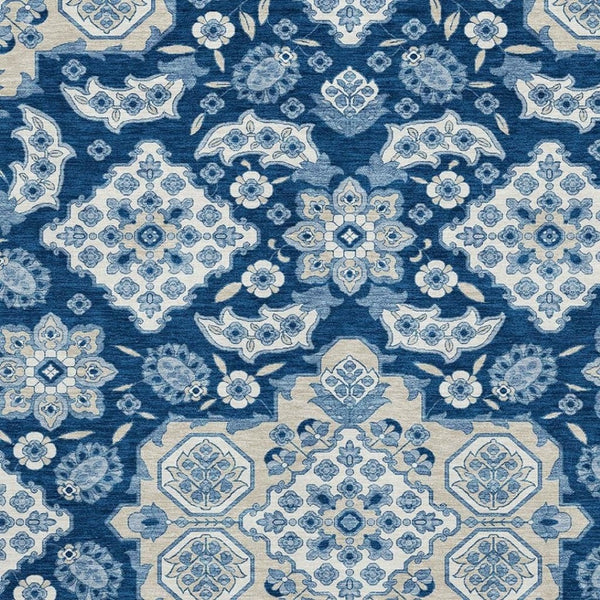 HomeRoots 10' X 14' Navy Blue Floral Medallion Area Rug - Washable, Stain Resistant, UV Protected, Non-Slip 705857