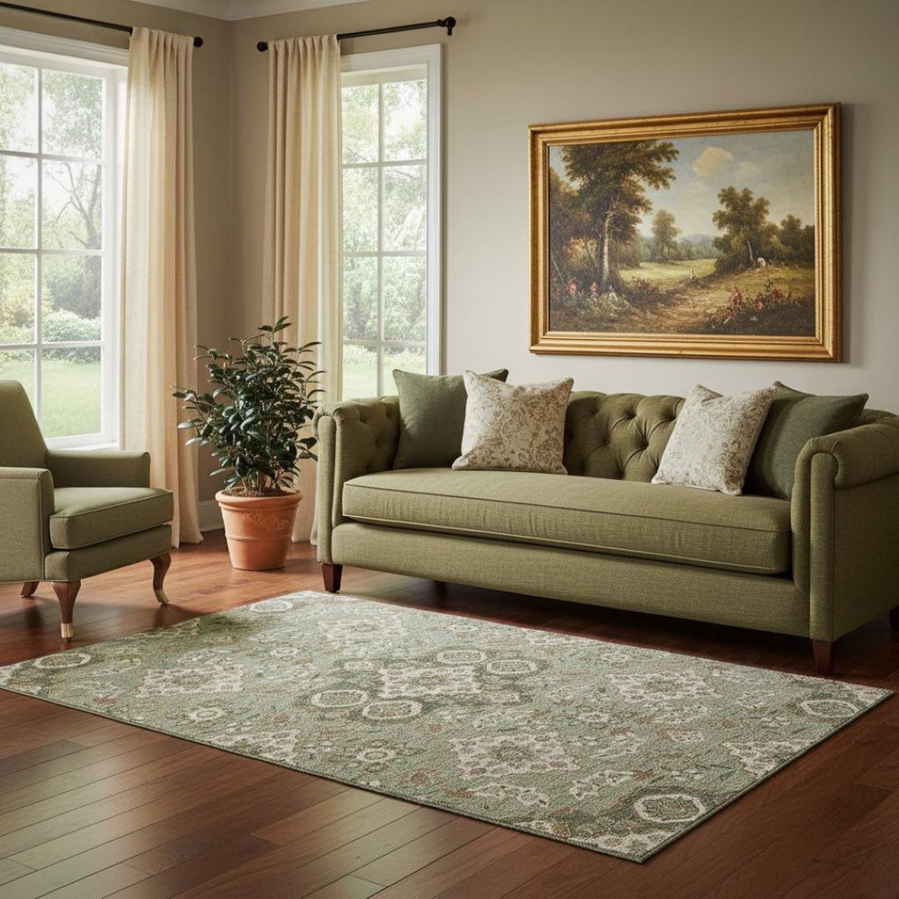 HomeRoots 5' X 8' Sage & Copper Floral Medallion Washable Rug with UV Protection for High-Traffic Areas 705859