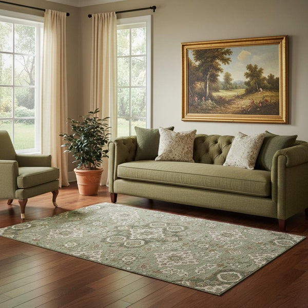 HomeRoots 5' X 8' Sage & Copper Floral Medallion Washable Rug with UV Protection for High-Traffic Areas 705859