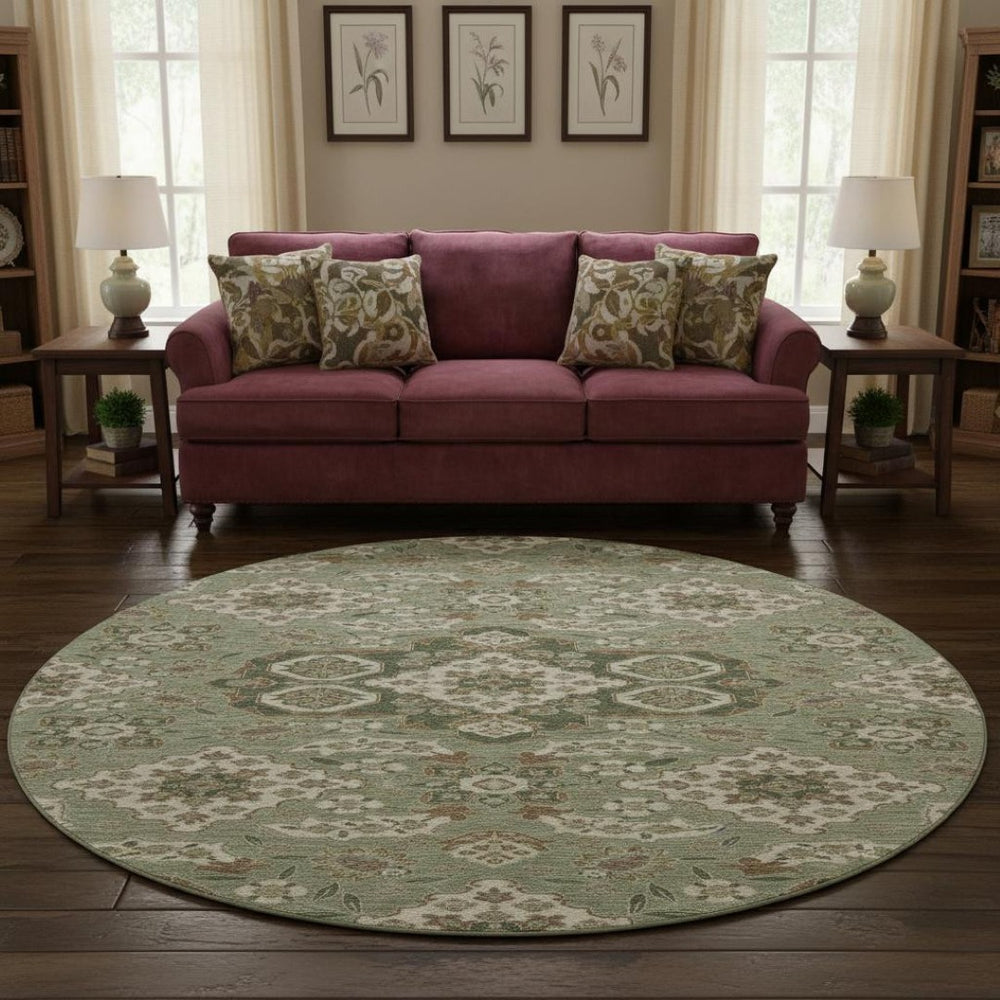 HomeRoots 8' Sage and Copper Floral Medallion Round Rug - Washable, UV-Protected, Ideal for Busy Homes! 705860