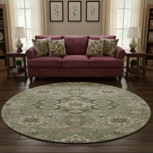 HomeRoots 8' Sage and Copper Floral Medallion Round Rug - Washable, UV-Protected, Ideal for Busy Homes! 705860