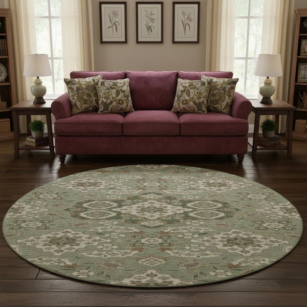 HomeRoots 8' Sage and Copper Floral Medallion Round Rug - Washable, UV-Protected, Ideal for Busy Homes! 705860