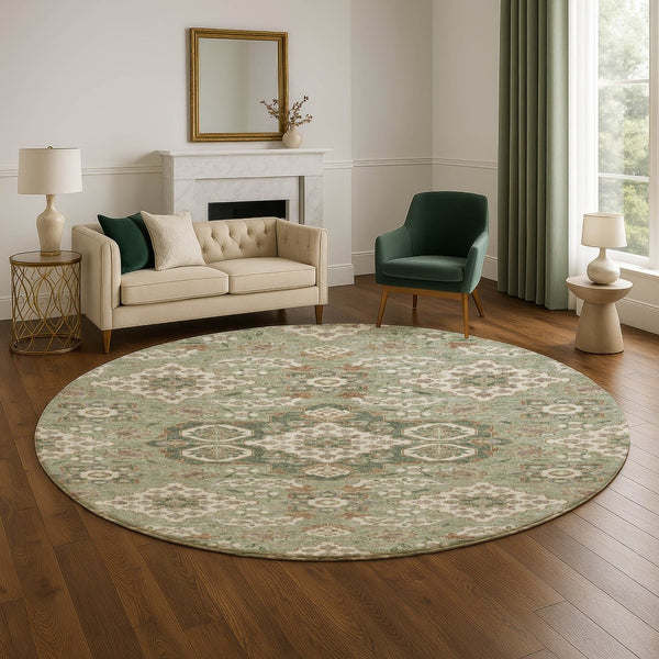 HomeRoots 8' Sage and Copper Floral Medallion Round Rug - Washable, UV-Protected, Ideal for Busy Homes! 705860