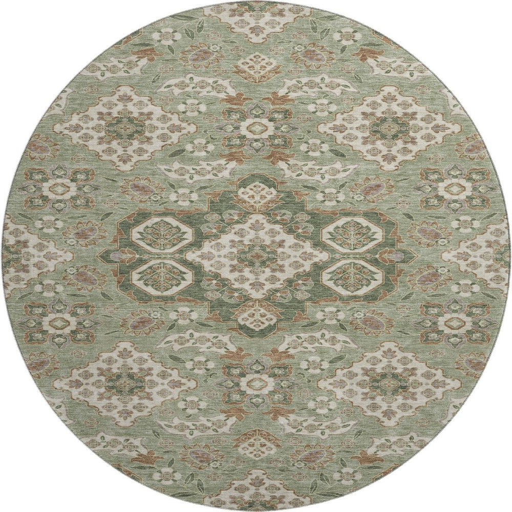 HomeRoots 8' Sage and Copper Floral Medallion Round Rug - Washable, UV-Protected, Ideal for Busy Homes! 705860