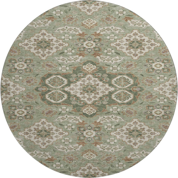 HomeRoots 8' Sage and Copper Floral Medallion Round Rug - Washable, UV-Protected, Ideal for Busy Homes! 705860