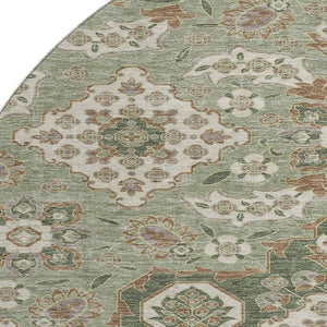 HomeRoots 8' Sage and Copper Floral Medallion Round Rug - Washable, UV-Protected, Ideal for Busy Homes! 705860