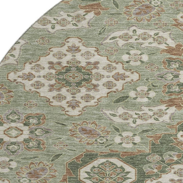 HomeRoots 8' Sage and Copper Floral Medallion Round Rug - Washable, UV-Protected, Ideal for Busy Homes! 705860
