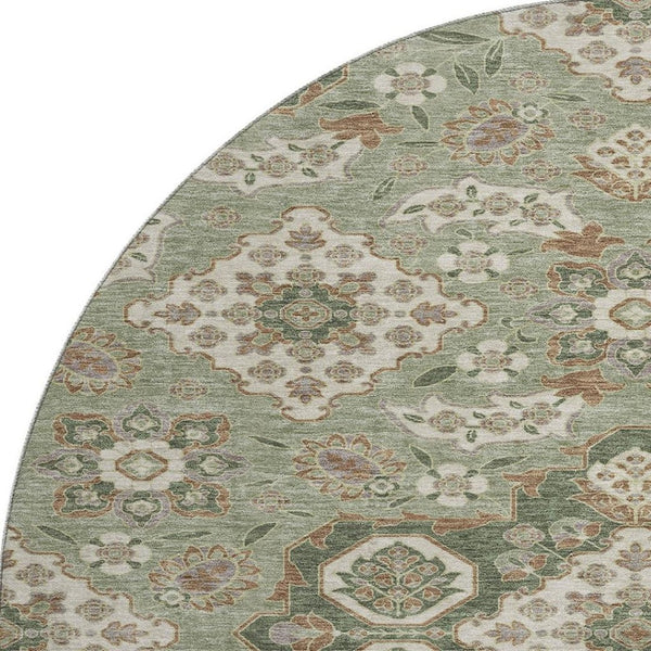 HomeRoots 8' Sage and Copper Floral Medallion Round Rug - Washable, UV-Protected, Ideal for Busy Homes! 705860
