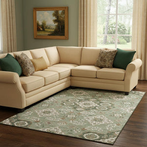 HomeRoots 8' X 10' Sage & Copper Floral Medallion Area Rug - Washable, UV-Protected, Soft & Durable Design 705861