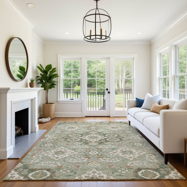 HomeRoots 8' X 10' Sage & Copper Floral Medallion Area Rug - Washable, UV-Protected, Soft & Durable Design 705861
