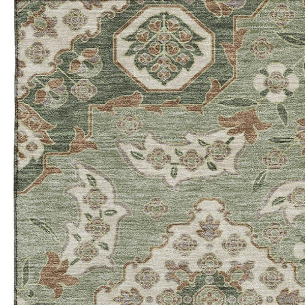 HomeRoots 8' X 10' Sage & Copper Floral Medallion Area Rug - Washable, UV-Protected, Soft & Durable Design 705861