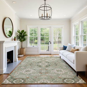 HomeRoots 9' X 12' Sage & Copper Floral Medallion Area Rug – Washable, UV Protected & Perfect for High-Traffic Areas 705862