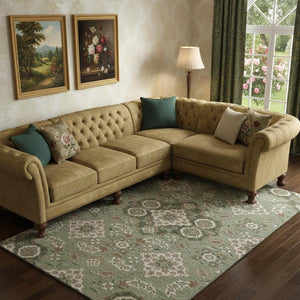 HomeRoots 10' X 14' Sage & Copper Floral Medallion Area Rug - Stain Resistant, UV Protected, Non-Slip Backing 705863