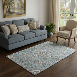 HomeRoots 5' X 8' Elegant Sky Blue Floral Medallion Area Rug - Washable, UV Protected, Stain Resistant! 705865