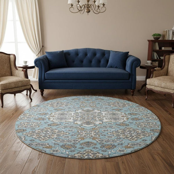 HomeRoots 8' Sky Blue Floral Medallion Round Rug – Washable, UV Protected, Durable, Perfect for Active Homes 705866