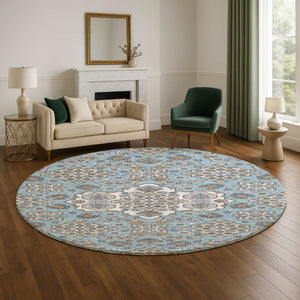 HomeRoots 8' Sky Blue Floral Medallion Round Rug – Washable, UV Protected, Durable, Perfect for Active Homes 705866