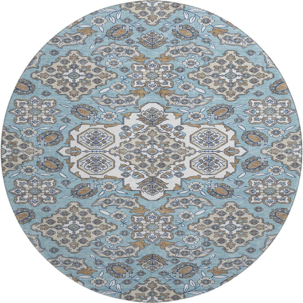 HomeRoots 8' Sky Blue Floral Medallion Round Rug – Washable, UV Protected, Durable, Perfect for Active Homes 705866