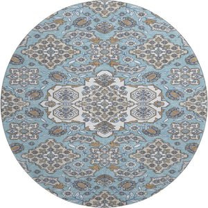 HomeRoots 8' Sky Blue Floral Medallion Round Rug – Washable, UV Protected, Durable, Perfect for Active Homes 705866