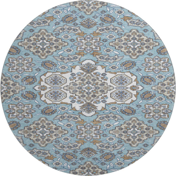 HomeRoots 8' Sky Blue Floral Medallion Round Rug – Washable, UV Protected, Durable, Perfect for Active Homes 705866