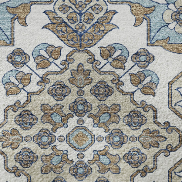 HomeRoots 8' Sky Blue Floral Medallion Round Rug – Washable, UV Protected, Durable, Perfect for Active Homes 705866
