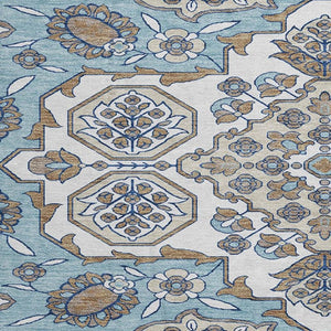 HomeRoots 8' Sky Blue Floral Medallion Round Rug – Washable, UV Protected, Durable, Perfect for Active Homes 705866