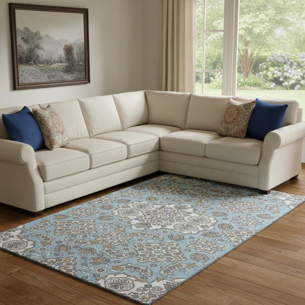 HomeRoots 8' X 10' Elegant Sky Blue & Ivory Floral Medallion Area Rug - Washable, UV-Protected & Durable Design 705867