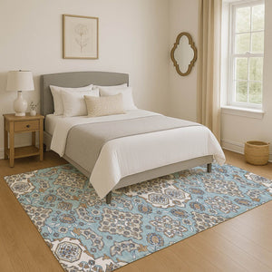 HomeRoots 8' X 10' Elegant Sky Blue & Ivory Floral Medallion Area Rug - Washable, UV-Protected & Durable Design 705867