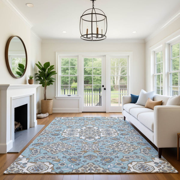 HomeRoots 8' X 10' Elegant Sky Blue & Ivory Floral Medallion Area Rug - Washable, UV-Protected & Durable Design 705867