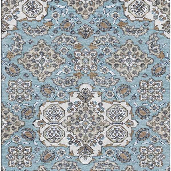 HomeRoots 8' X 10' Elegant Sky Blue & Ivory Floral Medallion Area Rug - Washable, UV-Protected & Durable Design 705867