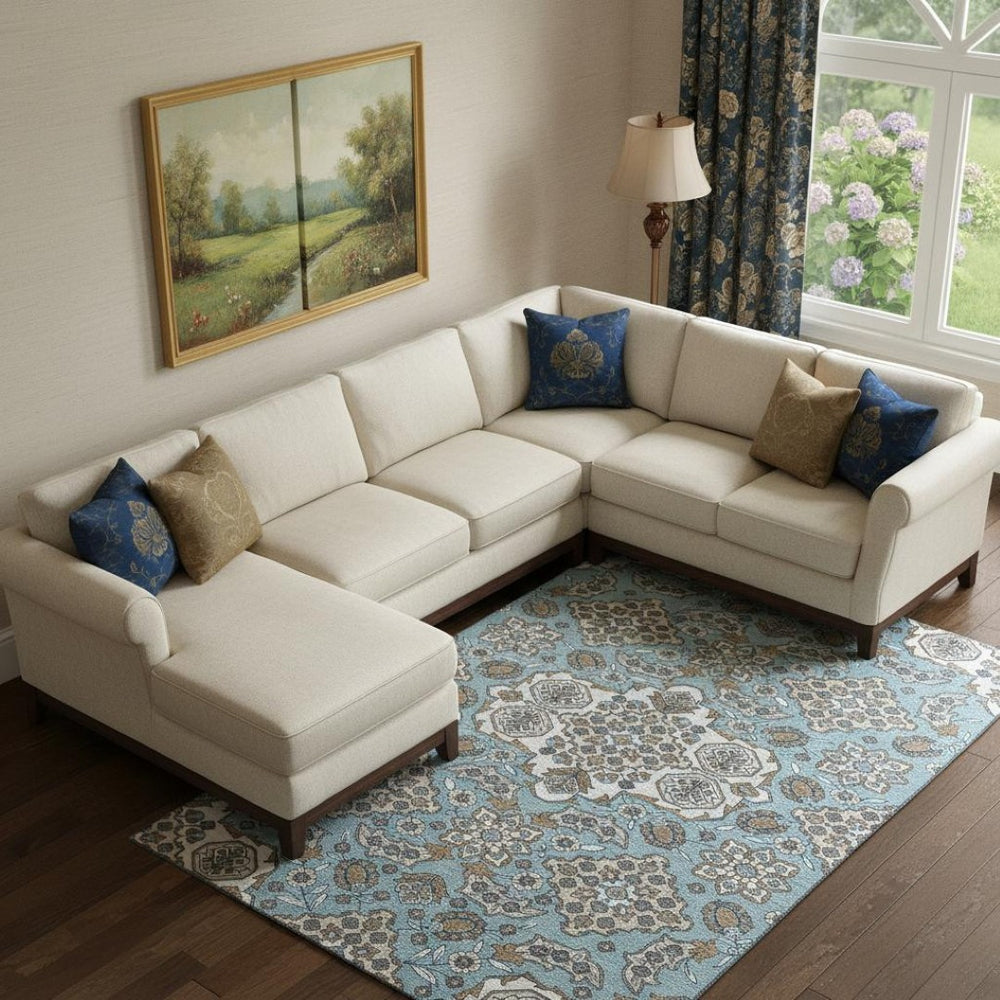 HomeRoots 9' X 12' Sky Blue & Ivory Floral Medallion Area Rug - Washable, UV Protected, Stain Resistant Design 705868