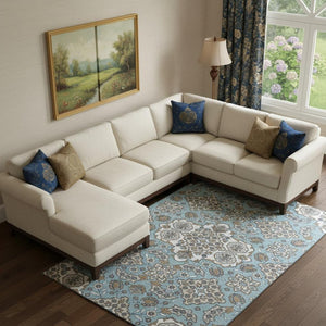 HomeRoots 9' X 12' Sky Blue & Ivory Floral Medallion Area Rug - Washable, UV Protected, Stain Resistant Design 705868