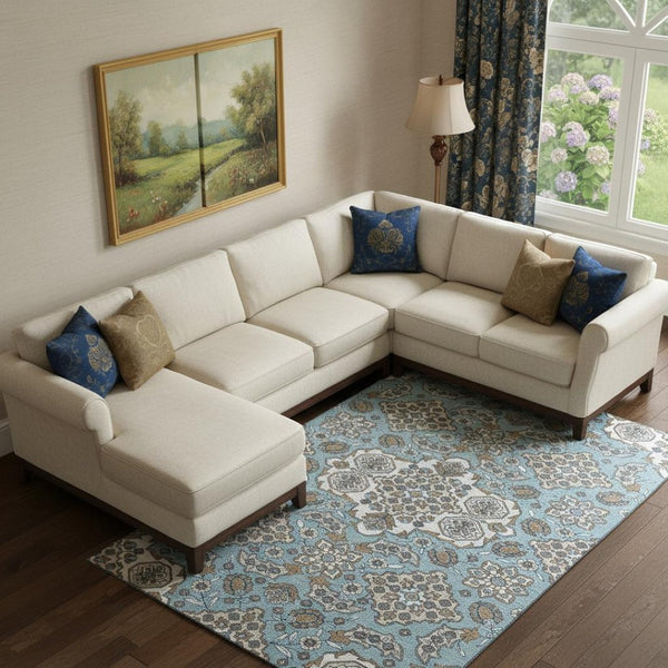 HomeRoots 9' X 12' Sky Blue & Ivory Floral Medallion Area Rug - Washable, UV Protected, Stain Resistant Design 705868