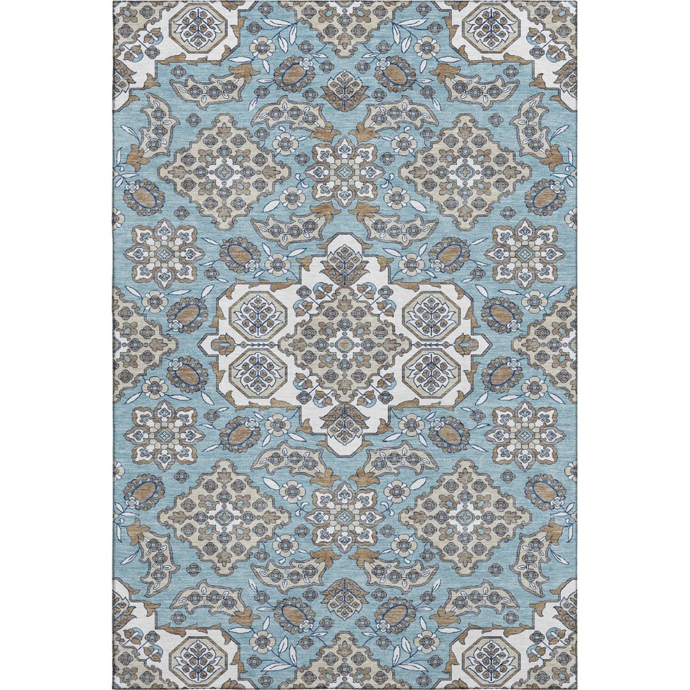HomeRoots 9' X 12' Sky Blue & Ivory Floral Medallion Area Rug - Washable, UV Protected, Stain Resistant Design 705868