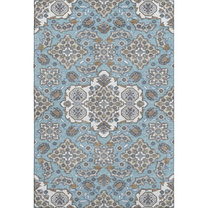 HomeRoots 9' X 12' Sky Blue & Ivory Floral Medallion Area Rug - Washable, UV Protected, Stain Resistant Design 705868